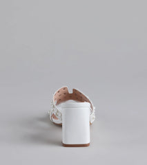 Elevate warm-weather looks with Playful Poise Pearl Block Heel Mules in white, a pair of trendy sandals bringing chic, modern flair to every step.