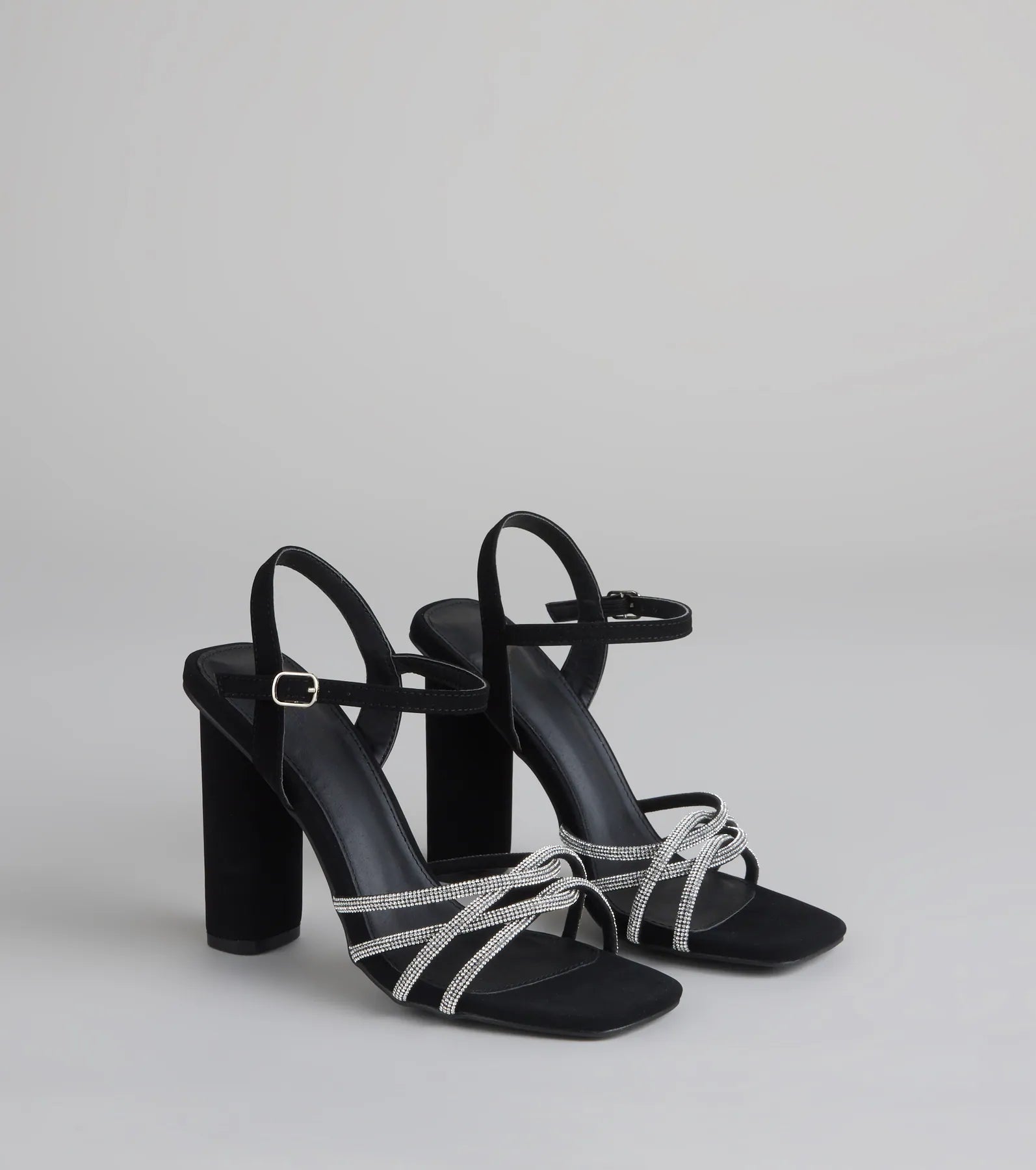 Style made simple with the Glow Getter Twisted Rhinestone Heels in black, trendy women’s shoes that take your outfit from basic to bold in one step.