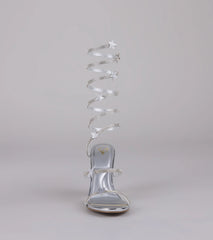 Style made simple with the Catch Me in the Cosmos Star Spiral Heels in silver, trendy women’s shoes that take your outfit from basic to bold in one step.