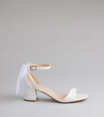 Elevate warm-weather looks with So Pretty Chiffon Bow Satin Block Heels in white, a pair of trendy sandals bringing chic, modern flair to every step.