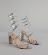Style made simple with the Feelin' Glam Rhinestone Spiral Strap Block Heels in silver, trendy women’s shoes that take your outfit from basic to bold in one step.