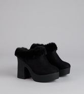 Style made simple with the Fuzzy Feel Chunky Clog Mules in black, trendy women’s shoes that take your outfit from basic to bold in one step.
