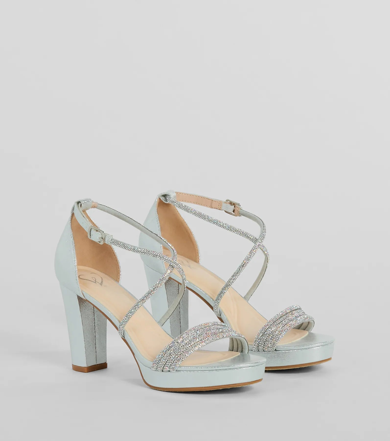 Style made simple with the Gloss Up Glitter Rhinestone Platform Block Heels in silver, trendy women’s shoes that take your outfit from basic to bold in one step.