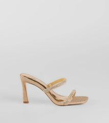 Elevate warm-weather looks with Classy Luxe Rhinestone Strappy Stiletto Mules in gold, a pair of trendy sandals bringing chic, modern flair to every step.