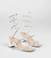 Style made simple with the Sparkle And Shine Rhinestone Spiral Block Heels in silver, trendy women’s shoes that take your outfit from basic to bold in one step.