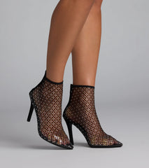 Style made simple with the Up To No Good Rhinestone Fishnet Booties in black, trendy women’s shoes that take your outfit from basic to bold in one step.