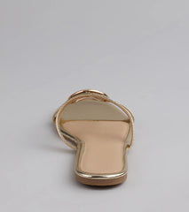 Style made simple with the Chic And Sleek Square Strappy Flat Sandals in gold, trendy women’s shoes that take your outfit from basic to bold in one step.