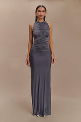 Priya Slinky Ruched Halter Maxi Dress - Dark Charcoal