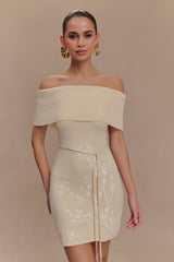 Mallory Off Shoulder Embroidered Knit Mini Dress - Cream And Ivory