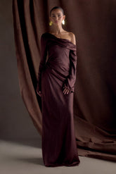 Iris Long Sleeve Satin Maxi Dress - Dark Chocolate
