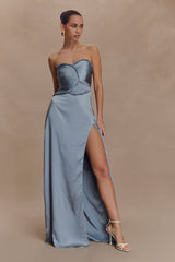 Larissa Satin Maxi Dress With Ruched Petals - Frosted Blue