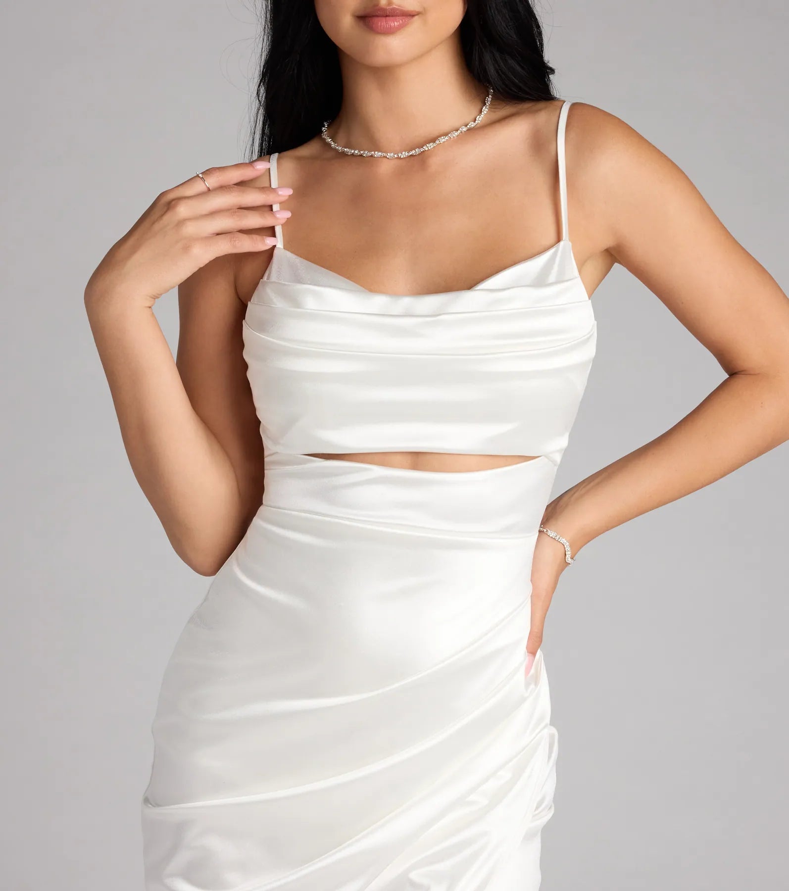 Style your seasonal looks with the Lilith Satin Cutout Wrap-Front Midi Dress, a trend-right, white fall dress designed for any plan on your calendar with new and unqiue details.