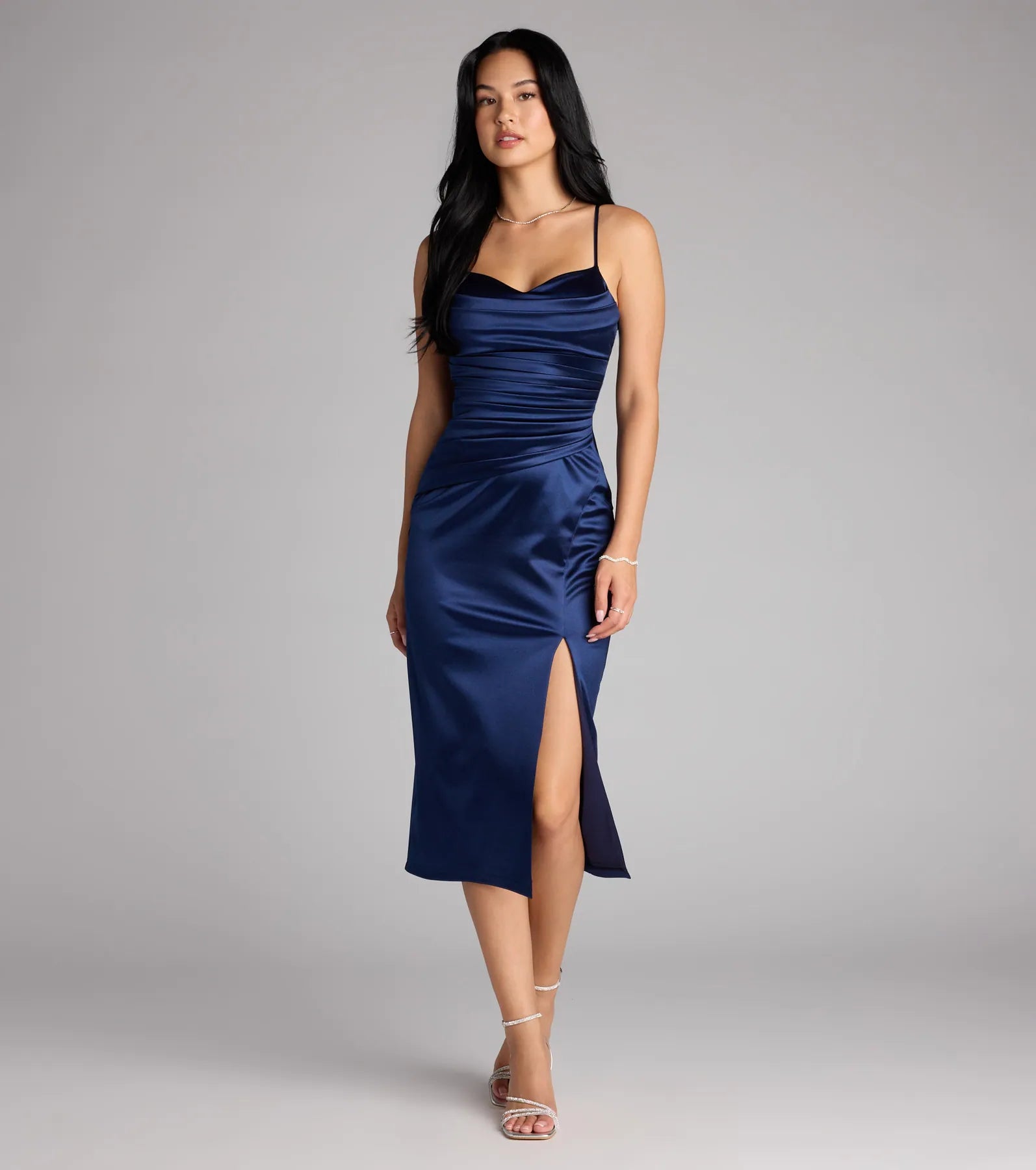 The Melody Satin Slit Midi Formal Dress is your new go-to navy blue dress—effortless, versatile, and made to update your fall style in seconds.