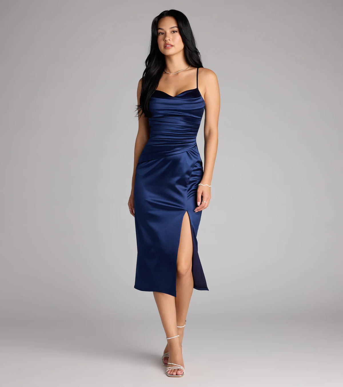 The Melody Satin Slit Midi Formal Dress is your new go-to navy blue dress—effortless, versatile, and made to update your fall style in seconds.