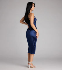 Slip into polished style with this satin midi dress—the Melody Satin Slit Midi Formal Dress in navy blue stuns with a flattering length and stylish details for dinners, parties, or weddings.