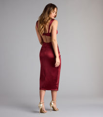 Style your seasonal looks with the Dara Cutout Slit Satin Midi Formal Dress, a trend-right, fall dress designed for any plan on your calendar with new and unqiue details.