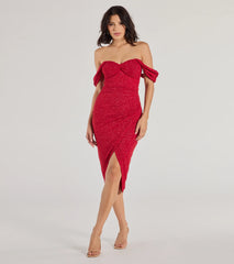 Feel instantly put-together in the Lennon Glitter Knit Off-The-Shoulder Midi Dress in red, a stylish wedding guest dress designed for confident style and all-out celebration.