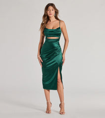 The Lilith Satin Cutout Wrap-Front Midi Dress in hunter is a stunning green homecoming dress designed to capture attention with its fresh or bold color and effortlessly stylish silhouette.
