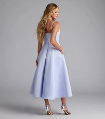Own the spotlight in the Georgie Sweetheart A-Line Satin Midi Dress, a light blue formal dress crafted to deliver luxe style for autumn weddings, Military Balls, or any special event.