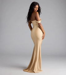 Own the spotlight in the Maylah Off-The-Shoulder Mermaid Dress, a gold formal dress crafted to deliver luxe style for fall weddings, Army Balls, or any special event.