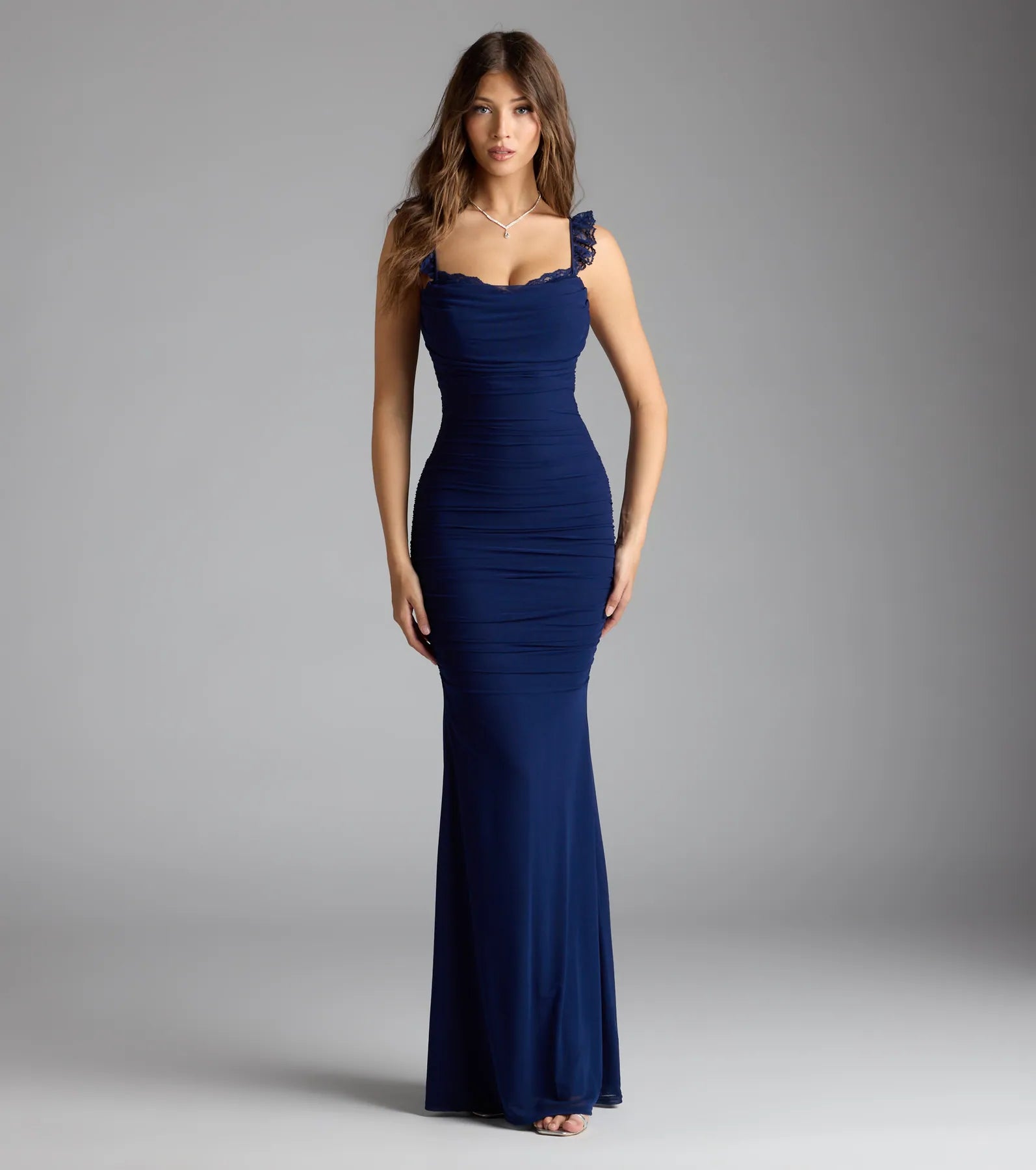 The Morgana Lace-Up Ruched Mermaid Dress is your new go-to navy blue dress—effortless, versatile, and made to update your fall style in seconds.