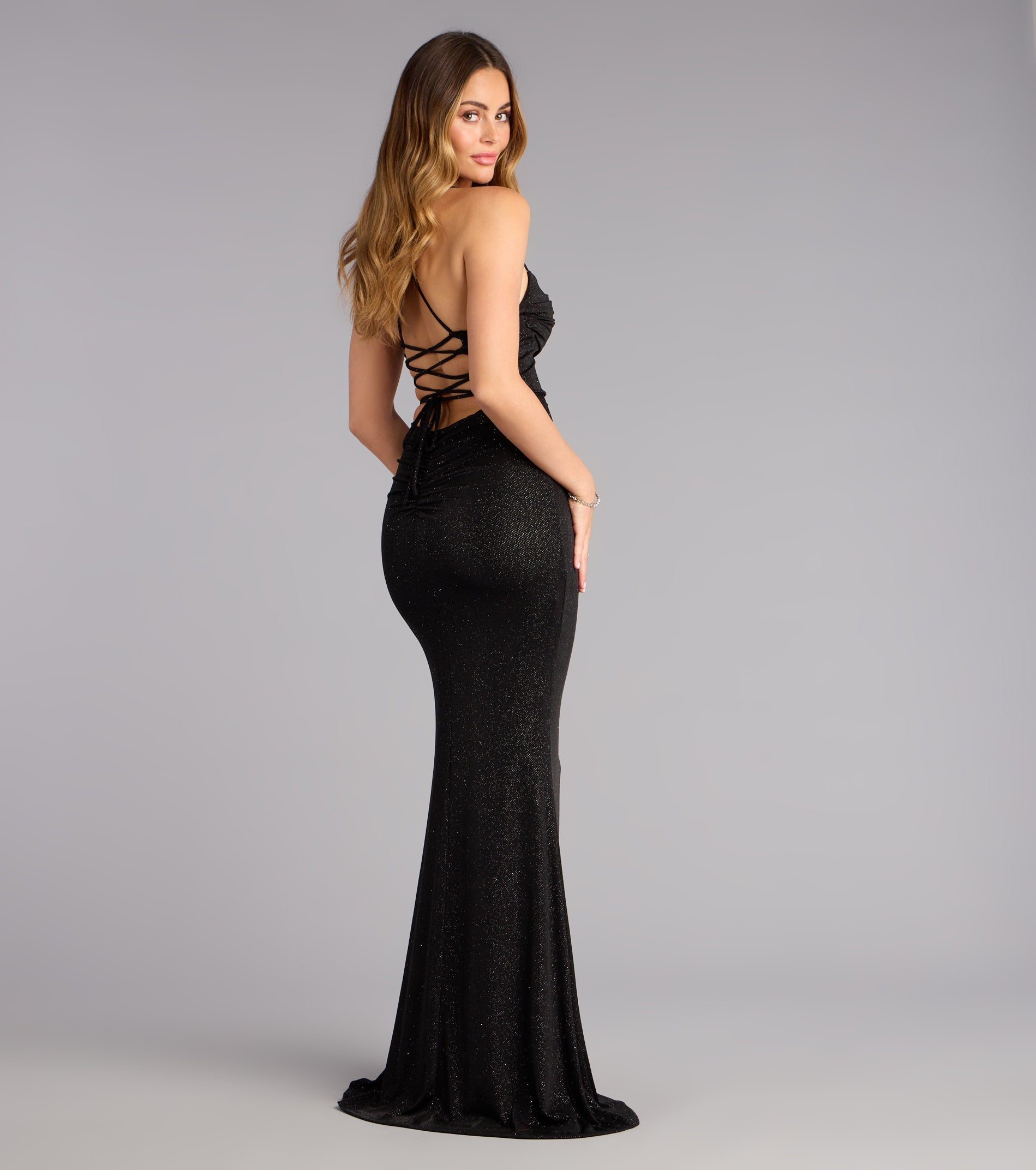 Diane Lace-Up Slit Mermaid Glitter Formal Dress