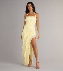The Blake Mesh Halter Slit Ruffle Formal Dress is your new go-to Windsor dress—effortless, versatile, and made to update your fall style in seconds.