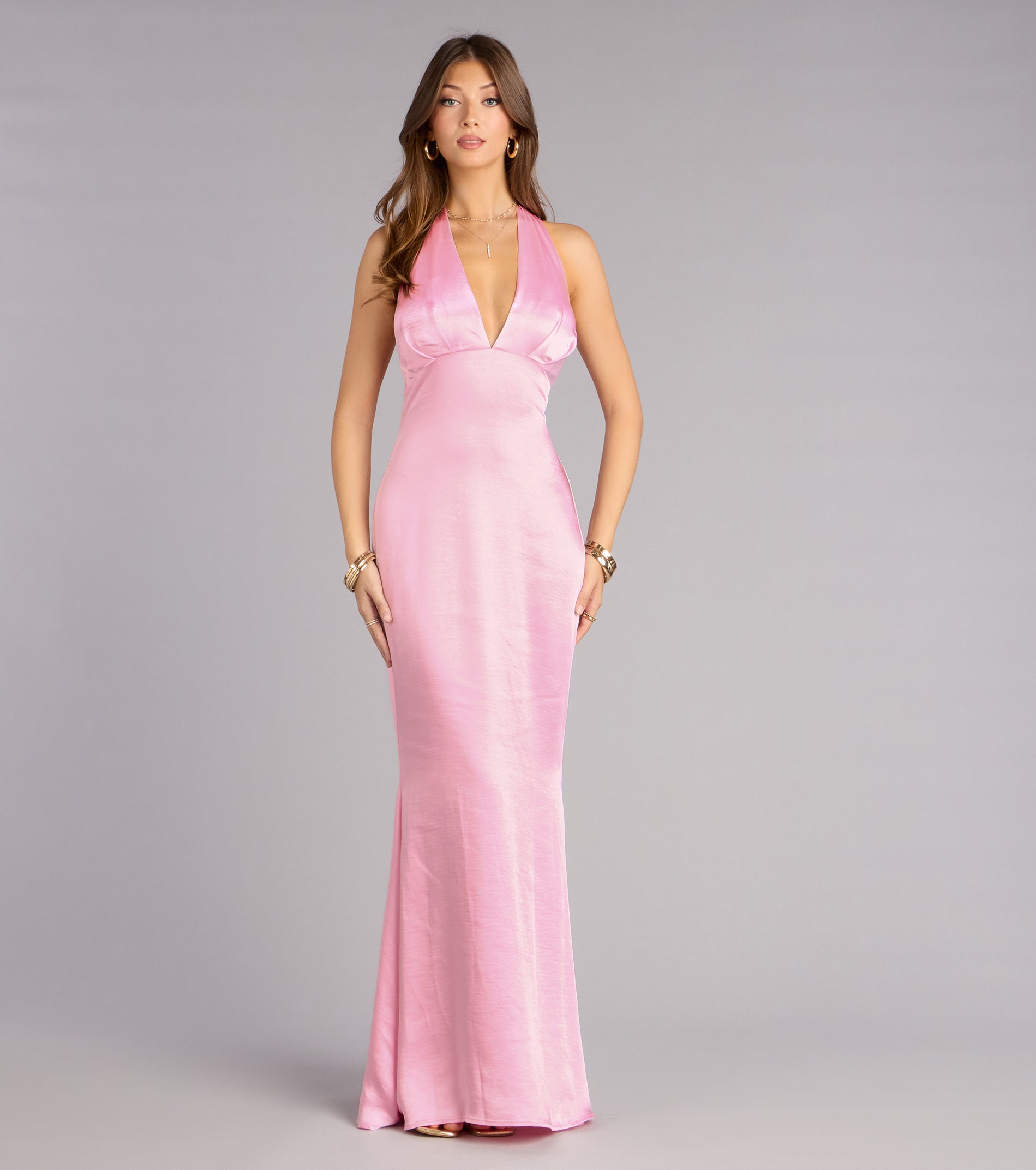 Erika Halter Satin Column Formal Dress