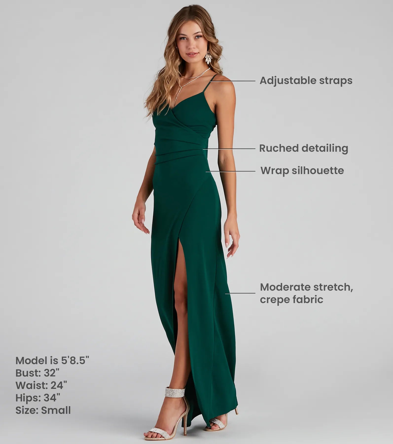 Celebrate in style with the Sasha Formal High Slit Wrap Dress, a hunter green formal wedding guest dress featuring an elegant silhouette and luxe details, perfect for a black-tie celebration.