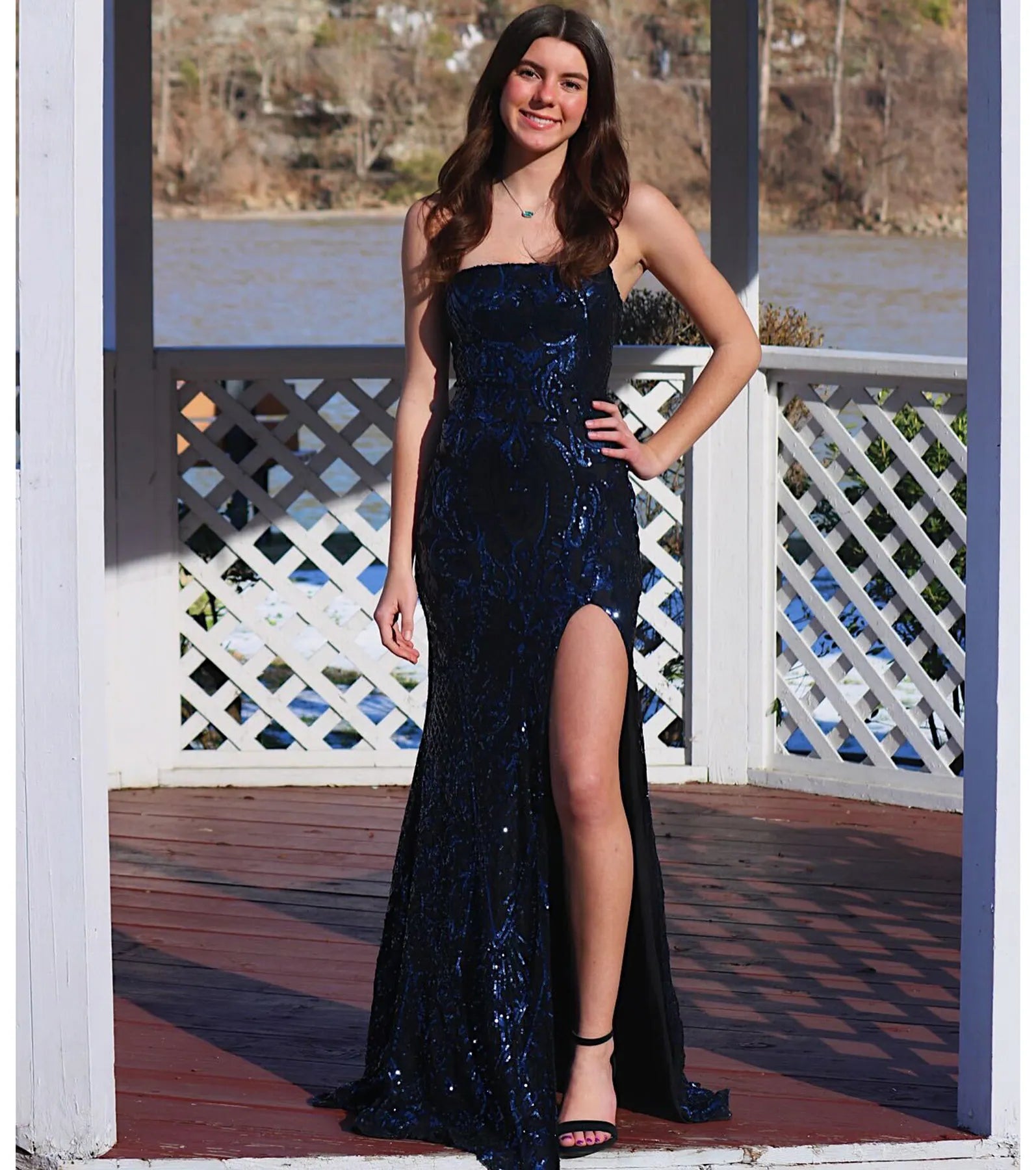 Make a bold statement in the Rowena Sequin Mermaid Dress in navy blue, the perfect fall dress for weddings, cocktail hours, nights out, and/or seasonal celebrations.