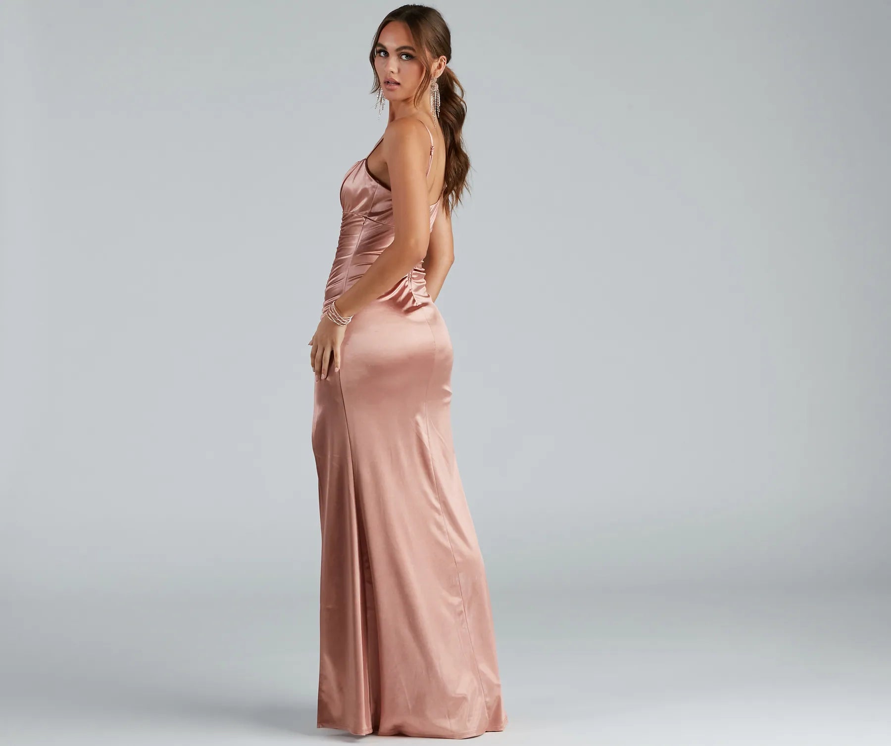 Feel instantly put-together in the Brooklyn Satin Ruched Formal Dress in copper, a stylish wedding guest dress designed for confident style and all-out celebration.
