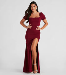 Denali Formal Puff Sleeve Long Dress in burgundy, a stylish red dress with a flattering fit and fabric that adds allure to your look, perfect for wedding guest attire, cocktail events, or making a bold statement on a date night.
