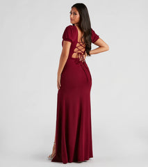 Make a bold statement in the Denali Formal Puff Sleeve Long Dress in burgundy, the perfect fall dress for weddings, cocktail hours, nights out, and/or seasonal celebrations.