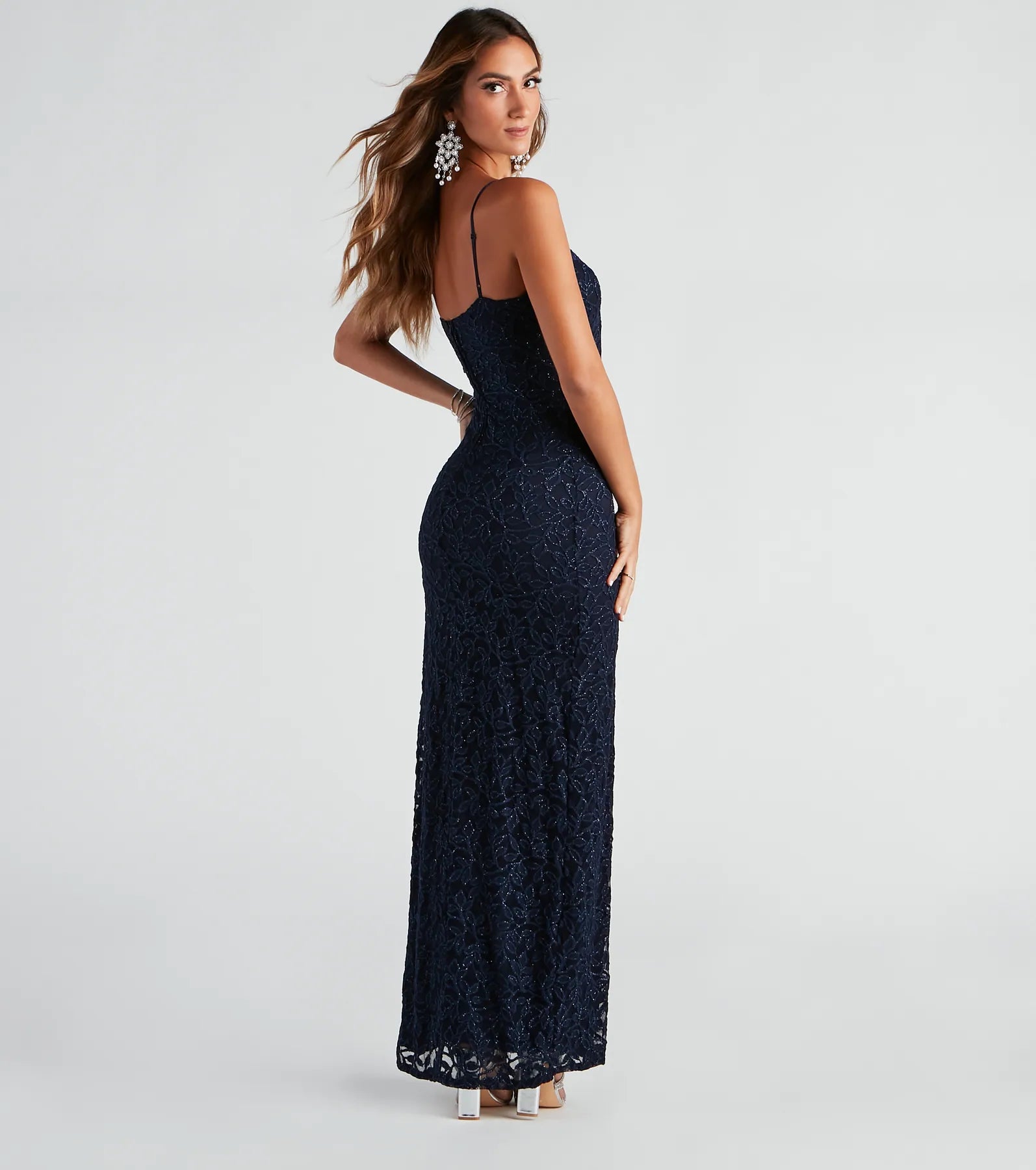 Celebrate in style with the Marylou Lace Mesh Plunge Neck Formal Dress, a navy blue formal wedding guest dress featuring an elegant silhouette and luxe details, perfect for a black-tie celebration.