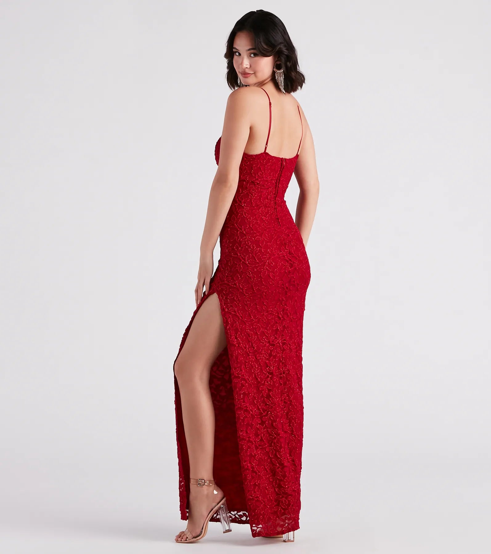 Marylou Lace Mesh Plunge Neck Formal Dress in red, a stylish red dress with a flattering fit and fabric that adds allure to your look, perfect for wedding guest attire, cocktail events, or making a bold statement on a date night.