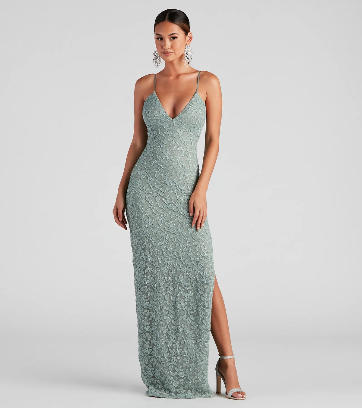 Feel instantly put-together in the Marylou Lace Mesh Plunge Neck Formal Dress in sage green, a stylish wedding guest dress designed for confident style and all-out celebration.