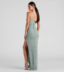 Turn heads at Prom 2025 in this sage green prom dress, where statement-making details meet the iconic style of the Marylou Lace Mesh Plunge Neck Formal Dress.