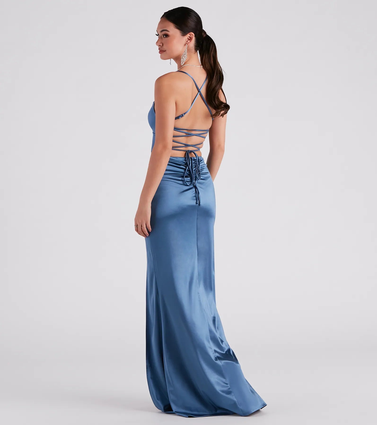 Celebrate in style with the Lucille Formal Satin Mermaid Dress, a blue formal wedding guest dress featuring an elegant silhouette and luxe details, perfect for a black-tie celebration.