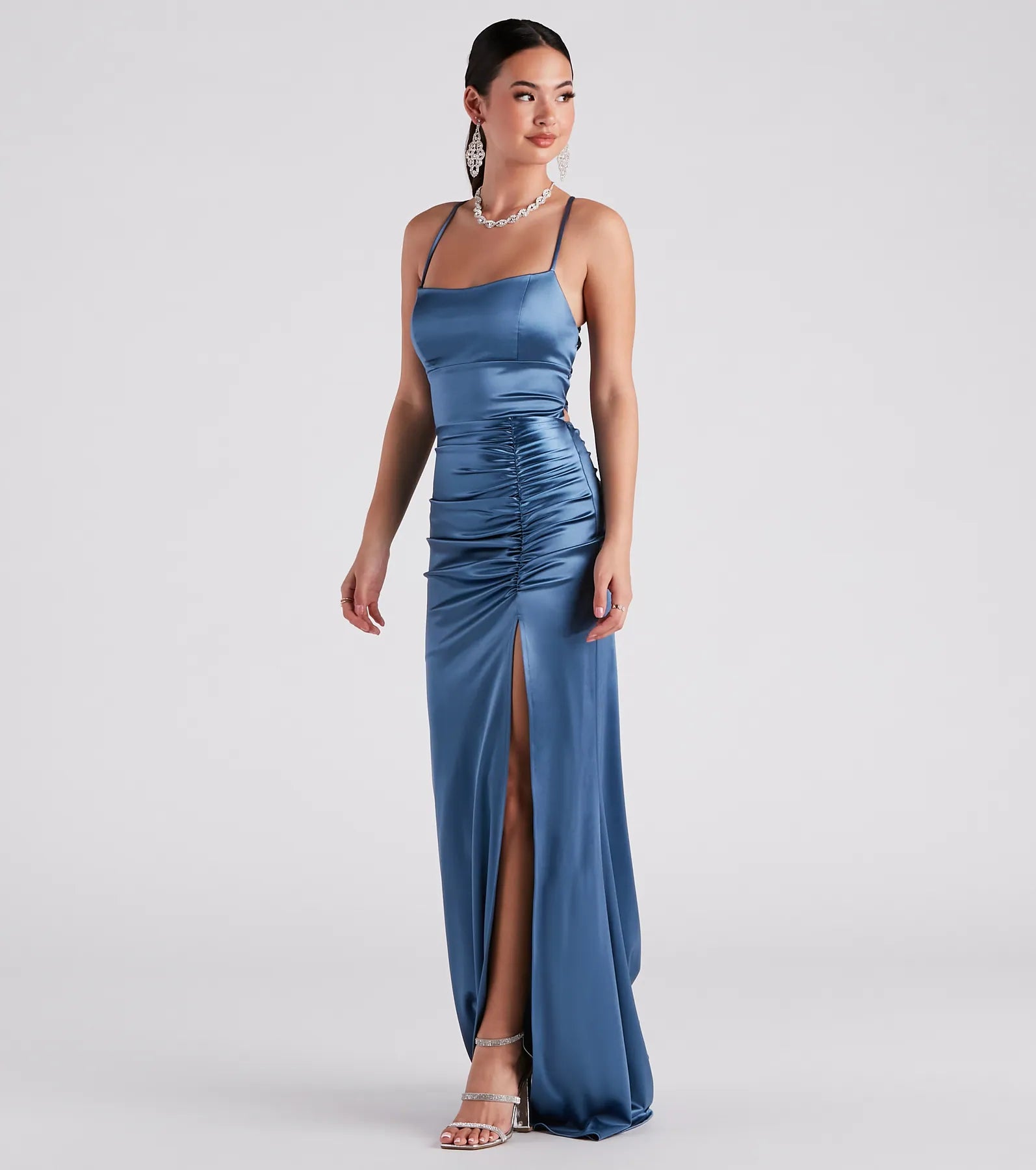 Make a bold statement in the Lucille Formal Satin Mermaid Dress in blue, the perfect fall dress for weddings, cocktail hours, nights out, and/or seasonal celebrations.