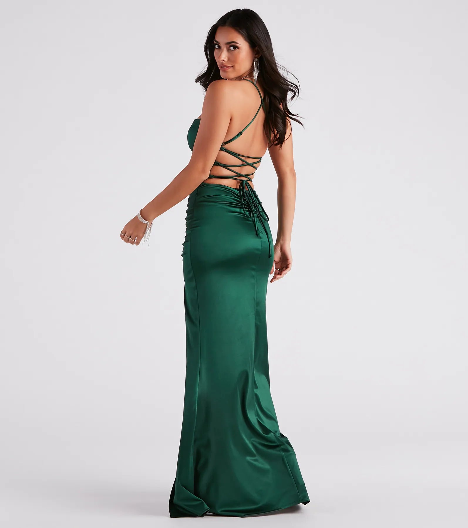 Celebrate in style with the Lucille Formal Satin Mermaid Dress, a hunter green formal wedding guest dress featuring an elegant silhouette and luxe details, perfect for a black-tie celebration.