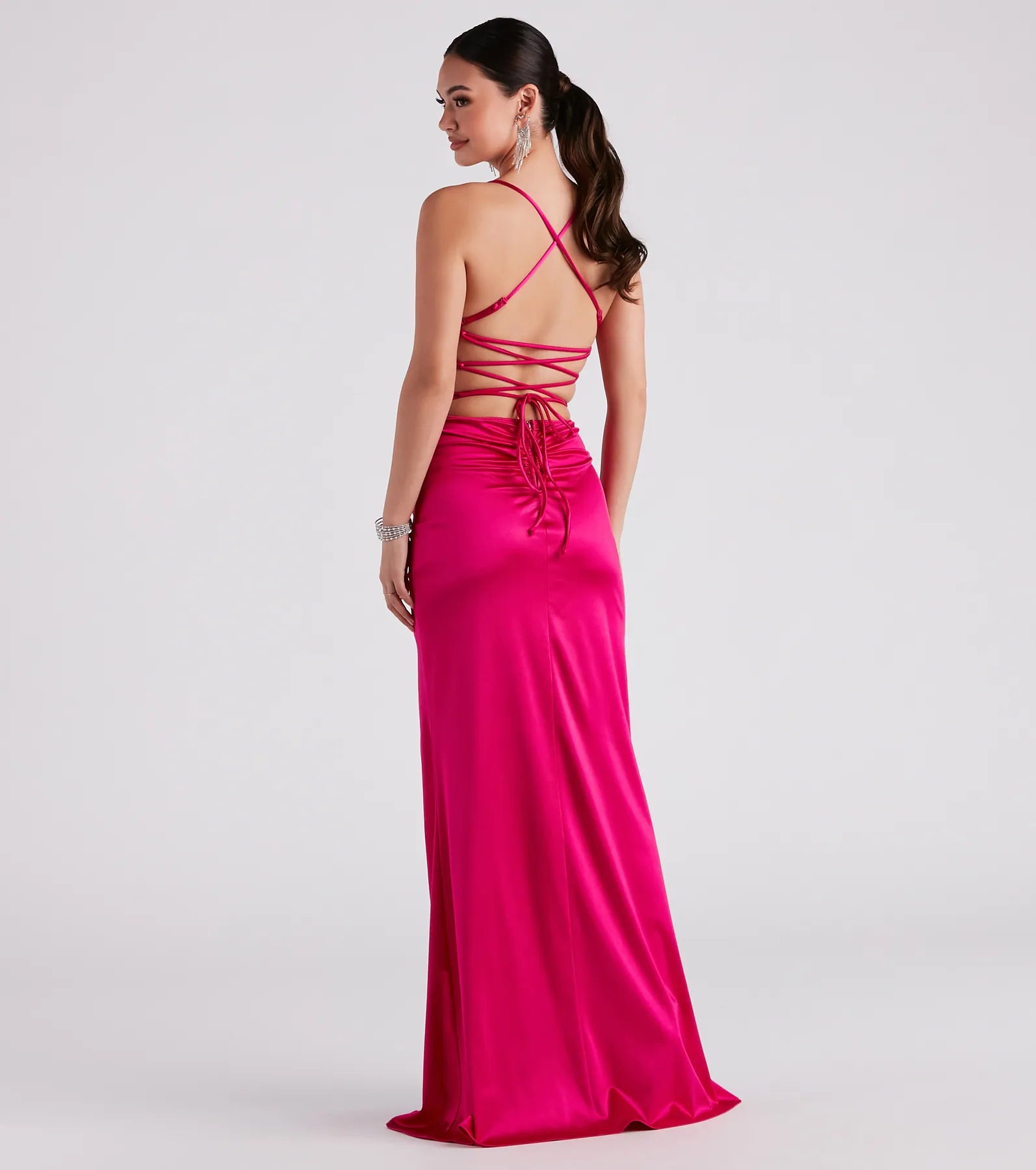 Celebrate in style with the Lucille Formal Satin Mermaid Dress, a fuchsia formal wedding guest dress featuring an elegant silhouette and luxe details, perfect for a black-tie celebration.