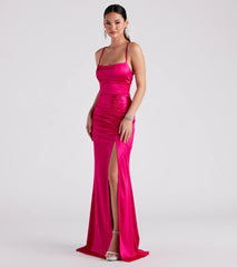 Make a bold statement in the Lucille Formal Satin Mermaid Dress in fuchsia, the perfect fall dress for weddings, cocktail hours, nights out, and/or seasonal celebrations.