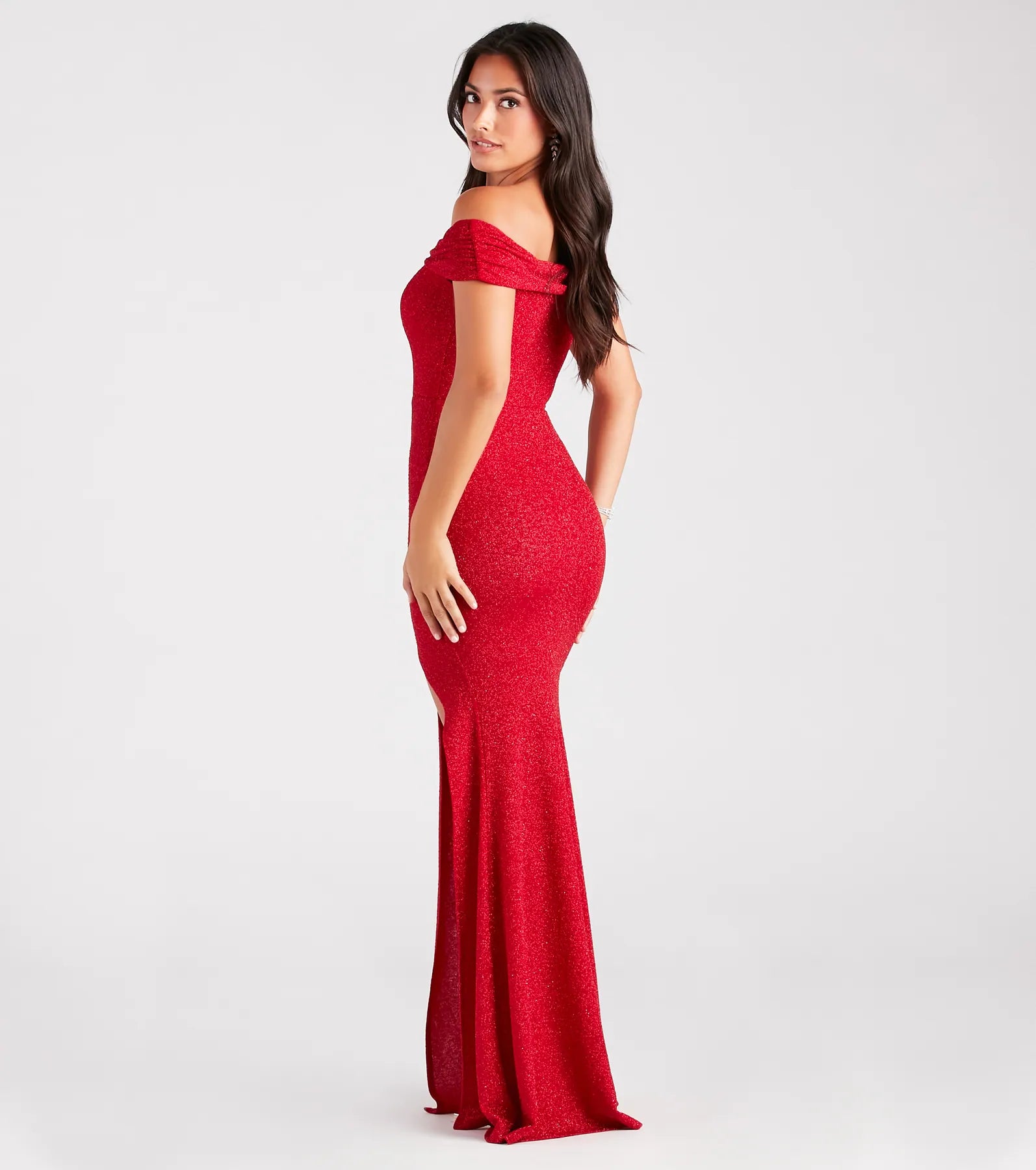 Meryl Formal Glitter Long Dress in red, a stylish red dress with a flattering fit and fabric that adds allure to your look, perfect for wedding guest attire, cocktail events, or making a bold statement on a date night.