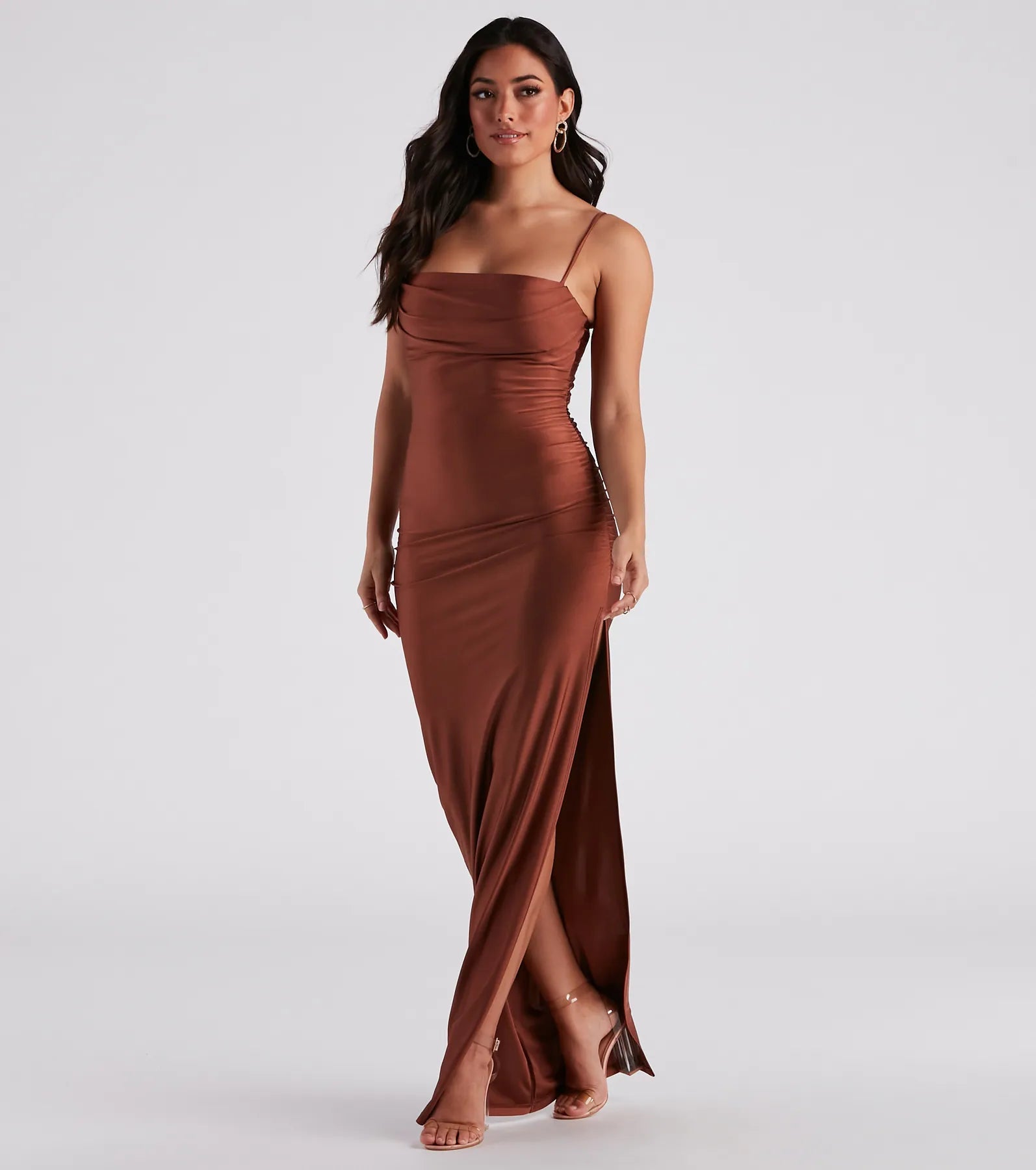 Feel instantly put-together in the Ella Cowl Neck Satin Dress in brown, a fall wedding guest dress designed for confident style and all-out celebration.