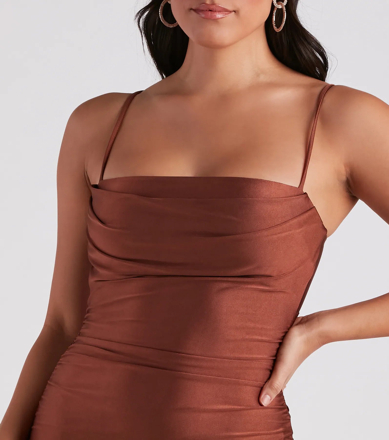 The Ella Cowl Neck Satin Dress in luxe brown fabric, a stunning prom dress with statement details designed to make a bold impression at Prom 2025.