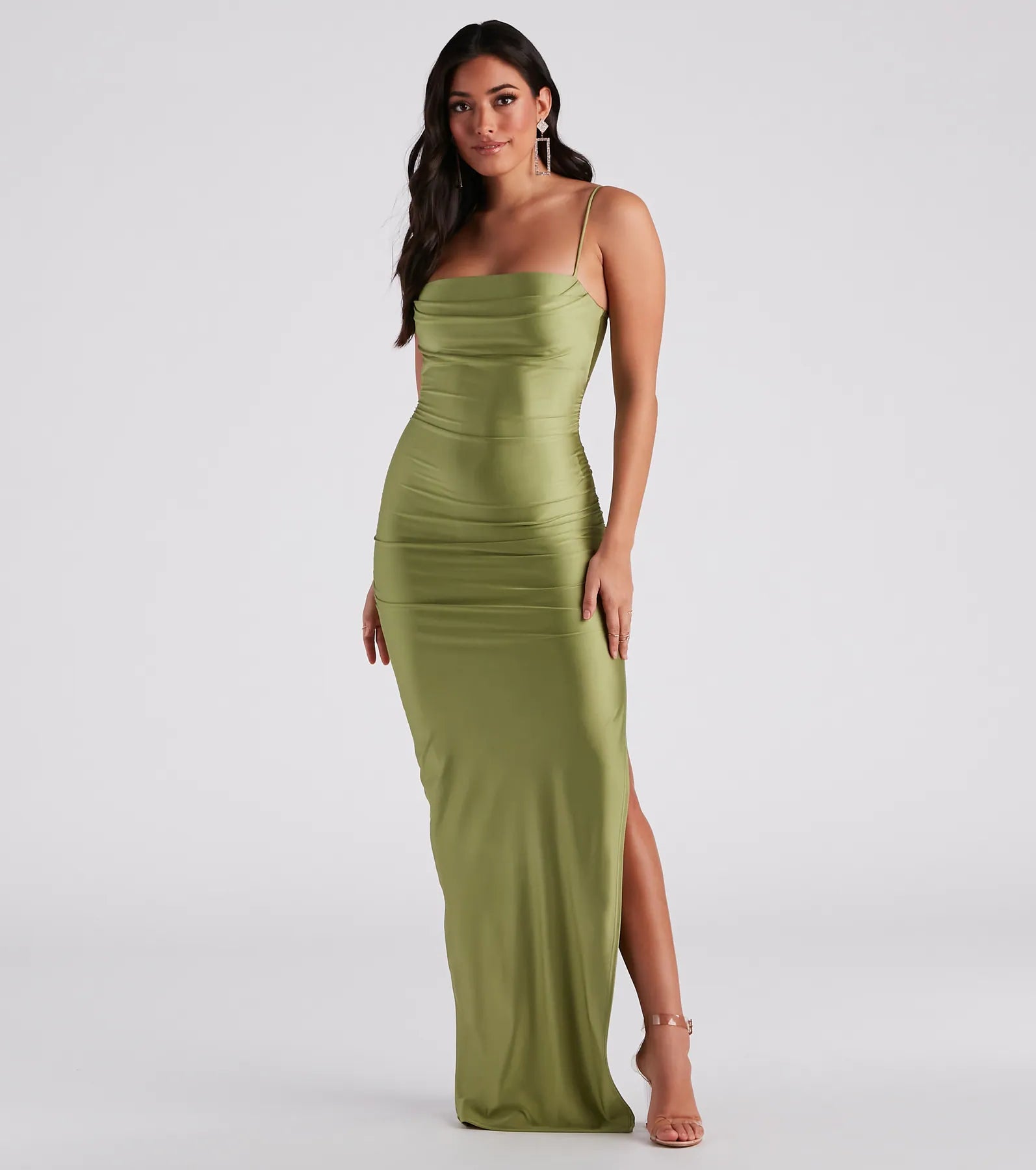 Feel instantly put-together in the Ella Cowl Neck Satin Dress in sage green, a fall wedding guest dress designed for confident style and all-out celebration.