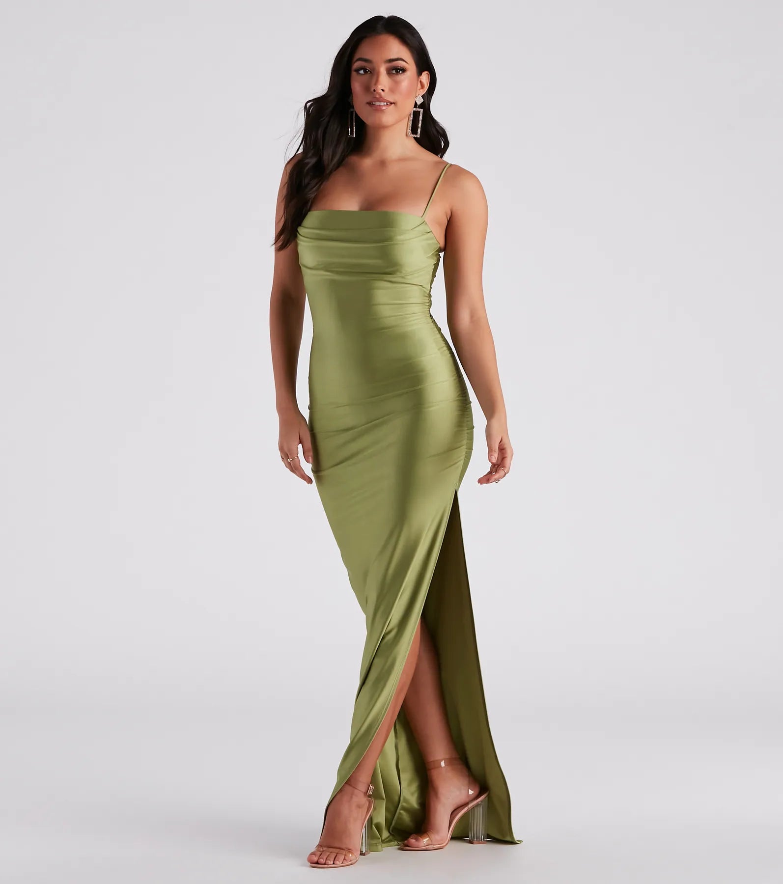Own the spotlight in the Ella Cowl Neck Satin Dress, a sage green formal dress crafted to deliver luxe style for fall weddings, military balls, or any special event.