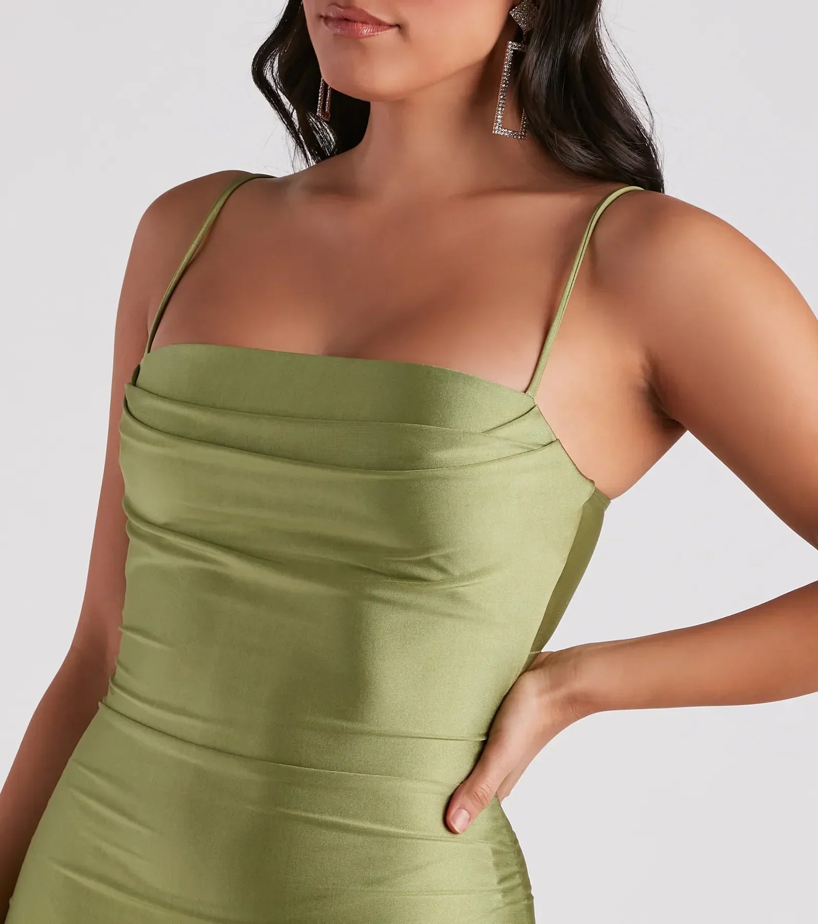 The Ella Cowl Neck Satin Dress in luxe sage green fabric, a stunning prom dress with statement details designed to make a bold impression at Prom 2025.