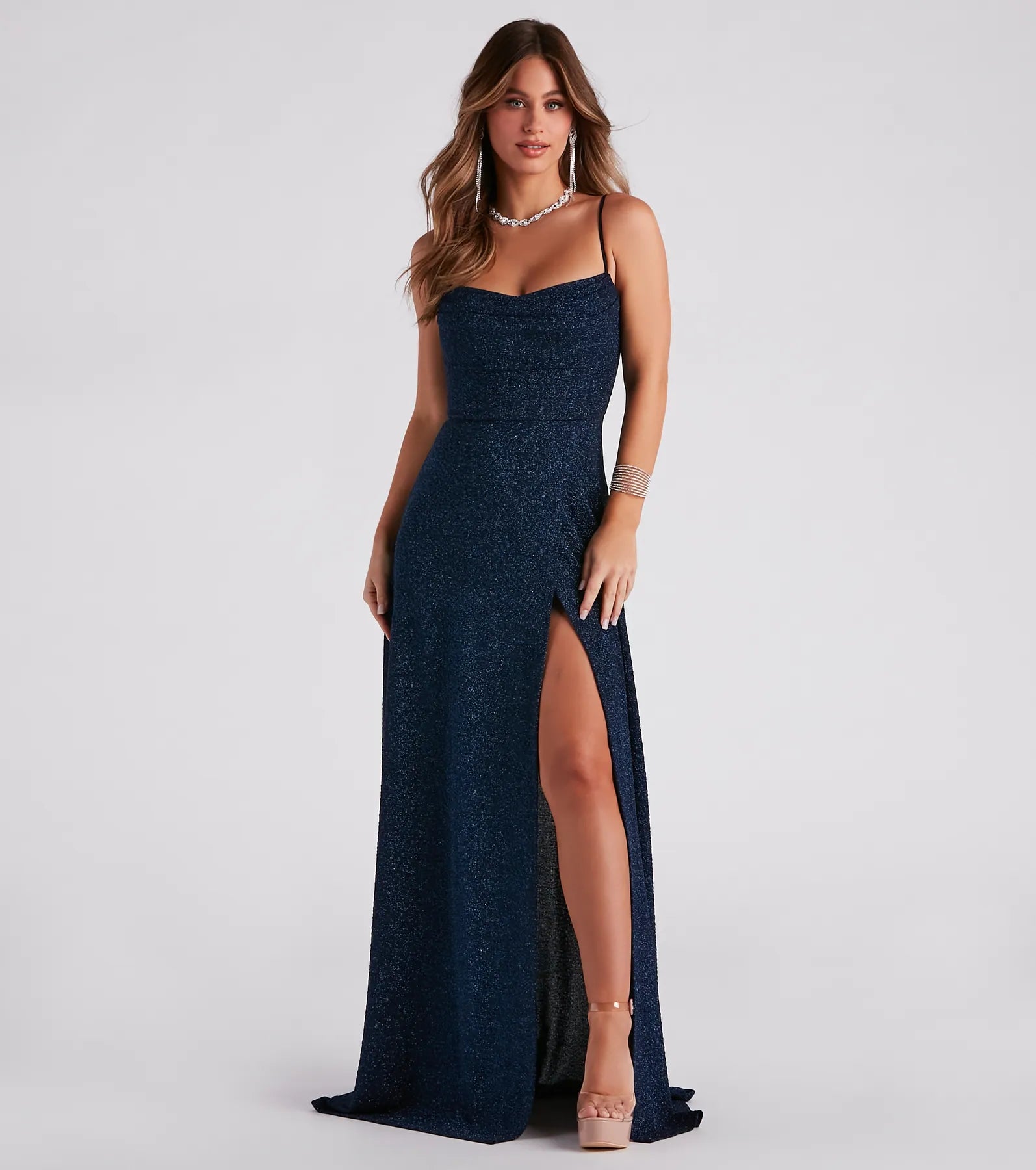 Feel instantly put-together in the Stephanie Formal Glitter A-Line Dress in navy blue, a fall wedding guest dress designed for confident style and all-out celebration.