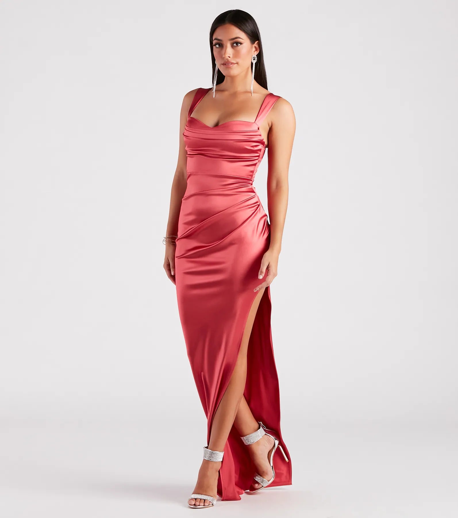 Make a bold statement in the Kirsten Satin Cowl Neck High Slit Formal Dress in pink, the perfect fall dress for weddings, cocktail hours, nights out, and/or seasonal celebrations.